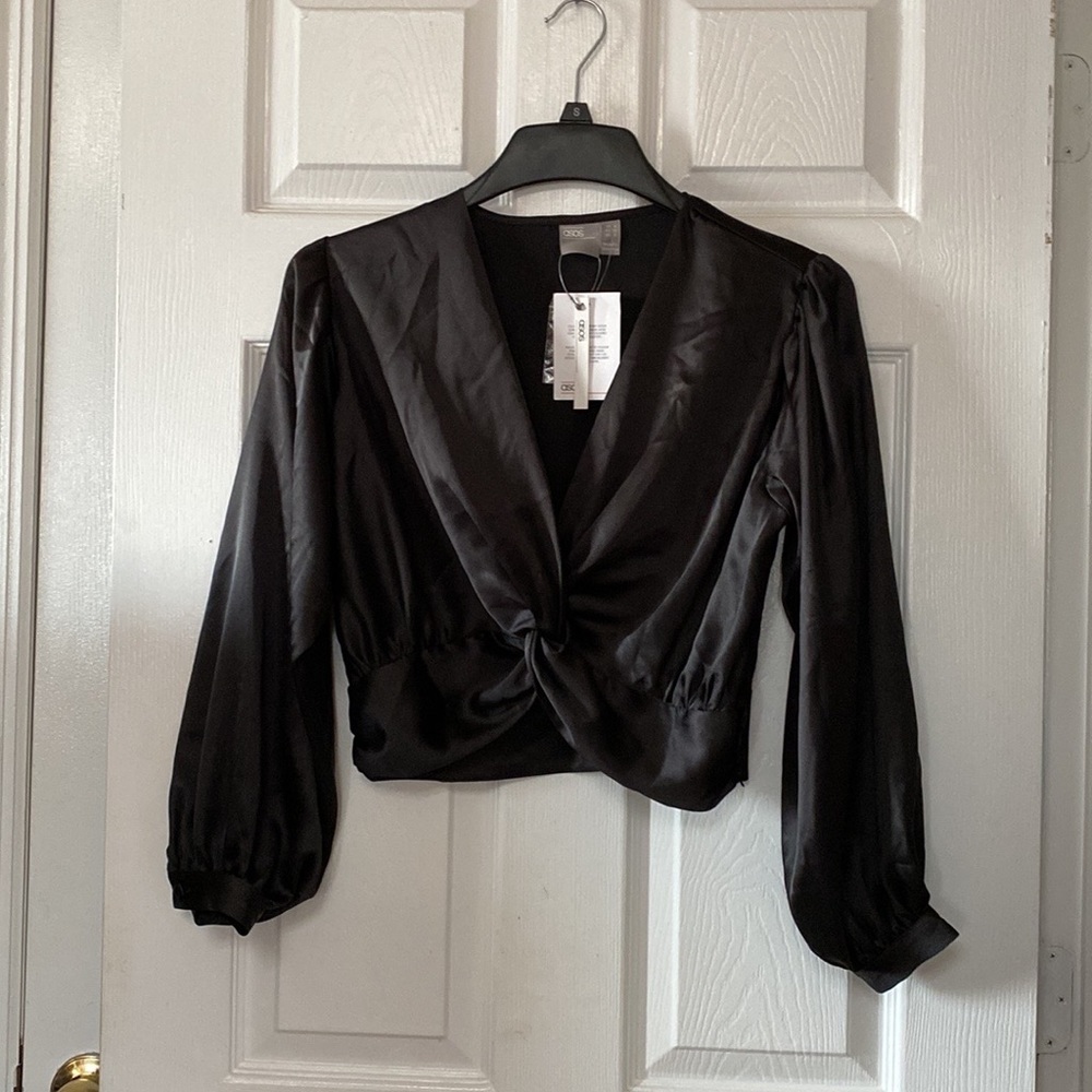 ASOS Black Satin Front Twist Vintage Blouse Top